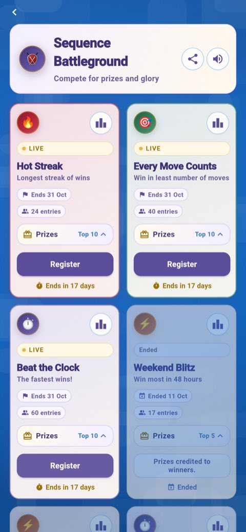 Sequence Battleground tournaments: Hot Streak, Every Move Counts, Beat the Clock and Weekend Blitz