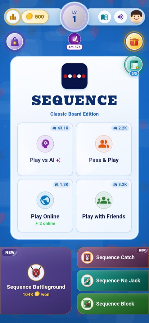 Sequence home screen with Play vs AI, Pass and Play, Play Online, Play with Friends, Catch, No Jack and Block