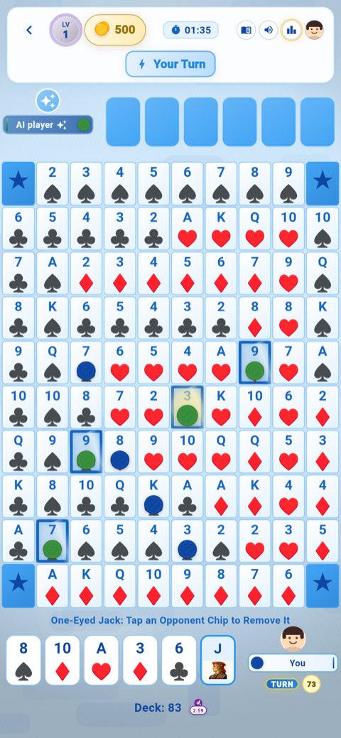 One-eyed jack selected in Sequence: opponent chips highlighted for removal