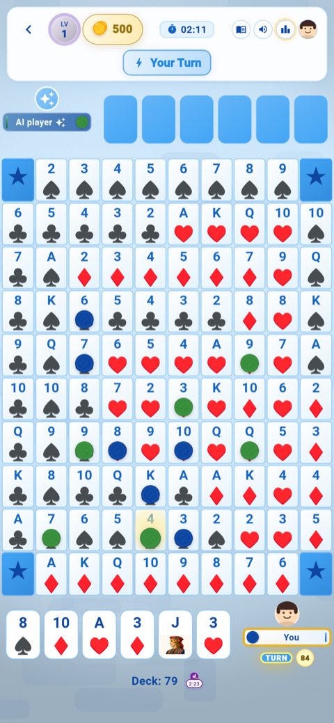 Sequence game board mid-match vs AI: blue and green chips on the 10 by 10 card board, with a hand of six cards